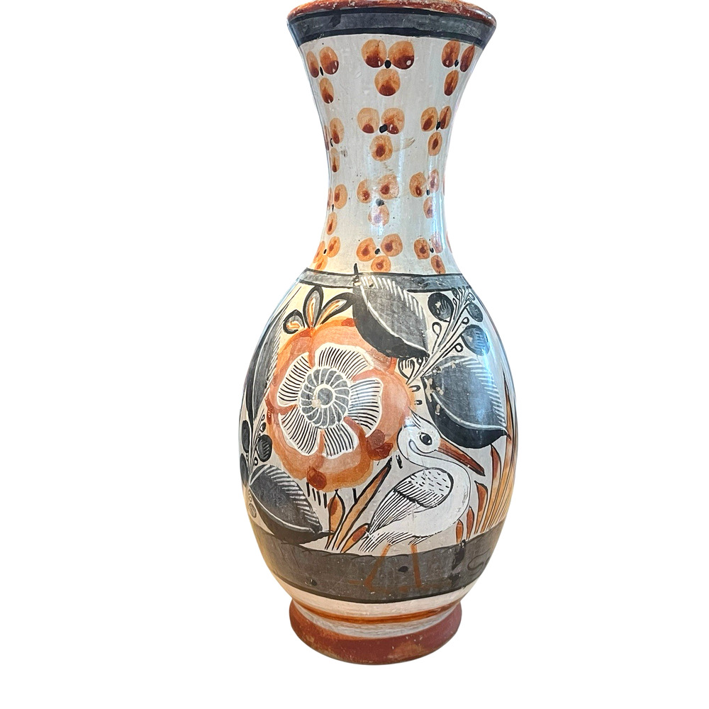 Tonala Oil Water Vase Jug Vintage Signed Solis Rustic Mexican Birds Plants Retro